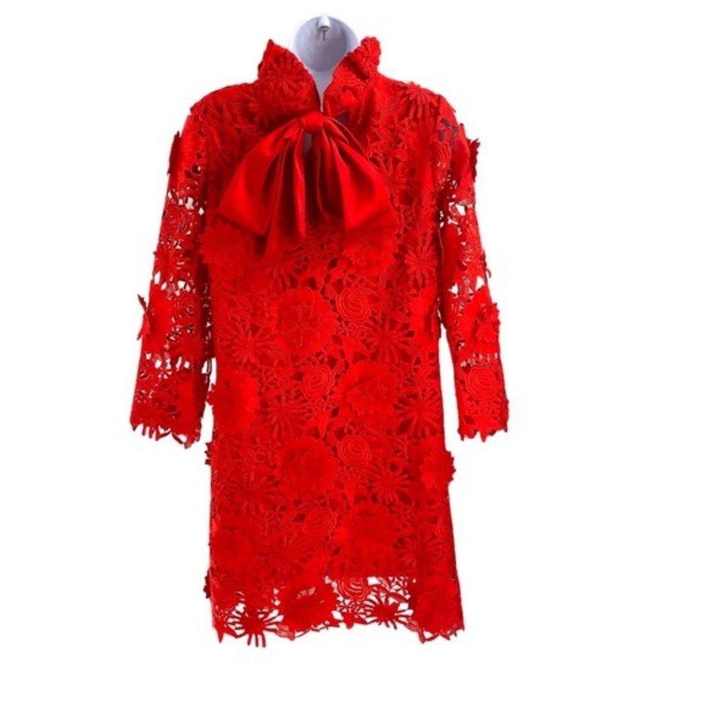 Tuckernuck | NEW Red Guipure Lace Daphne Three-quarter Sleeve Mini Dress Size L - Picture 8 of 12